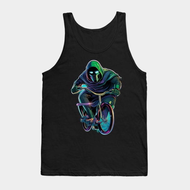 Cartoon Doctor Doom in Scottish Plaid Kilt Riding Bicycle with Guns for Feet Tank Top by Doctor Doom's Generic Latverian Storefront